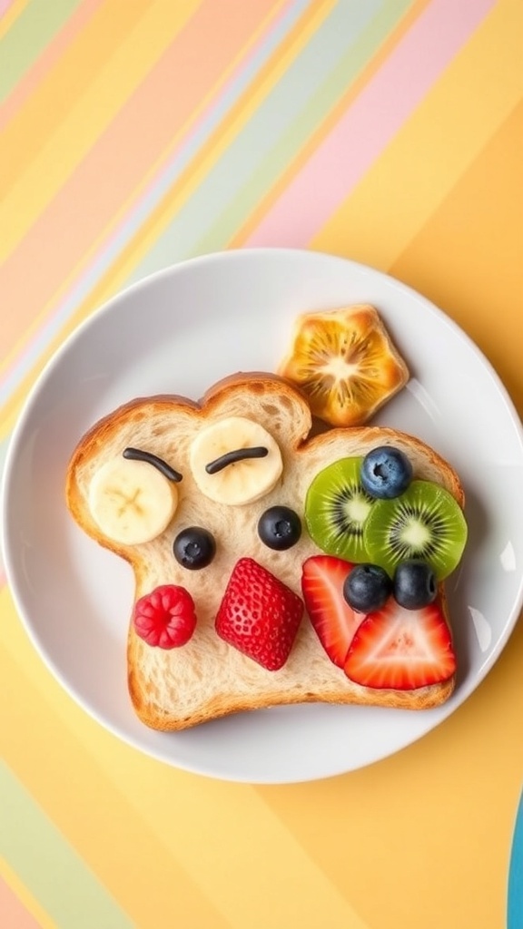 Two slices of kawaii toast with fruit faces on a colorful plate.